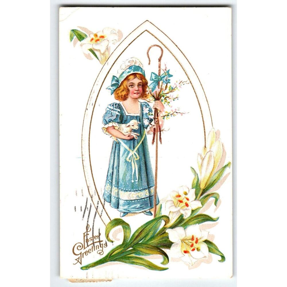 Easter Postcard 1910's Girl Holds Staff Baby Lamb Lily Flowers Embossed 1913